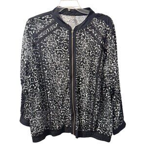 Avenue Black & White Leopard Print Zip-Up Bomber Jacket Size 22/24 Sheer Jacket